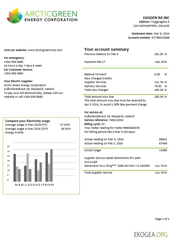Modèle de facture de services publics d'électricité de l'Islande Arctic Green Energy Corporation en Word et PDF